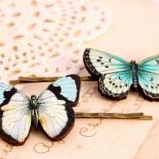 Blue butterfly hair clips, butterfly hair pin, woodland wedding, wooden hair clip, butterfly jewelry, bridesmaid hair clip