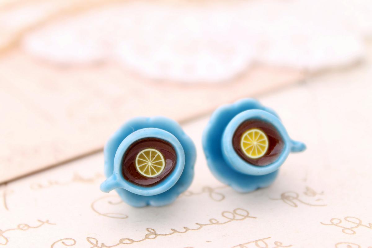 Miniature Teacup Stud Earrings, Blue Teacup Earrings, Alice In
