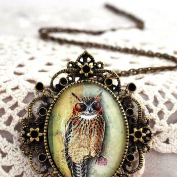 Barn owl necklace, glass owl pendant, brown owl pendant, glass dome, filigree, steampunk