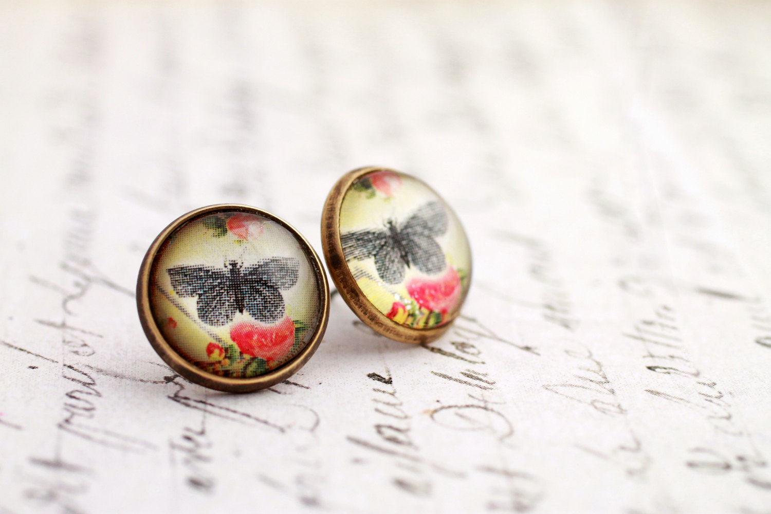 Butterfly And Flower Earrings, Glass Butterfly Earrings, Butterfly Stud Earrings, Glass Dome