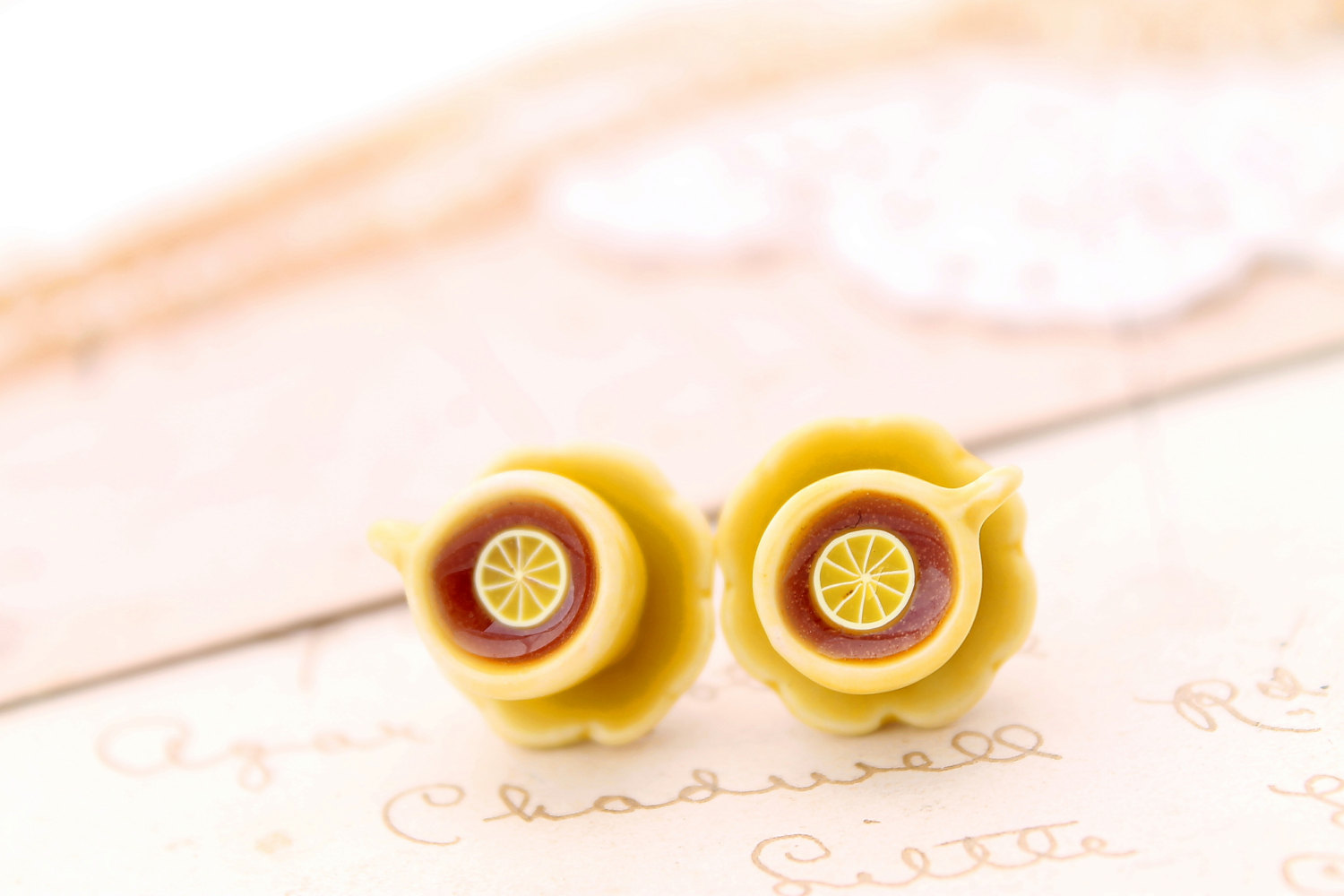 Miniature Teacup Stud Earrings, Yellow Teacup Earrings, Alice In