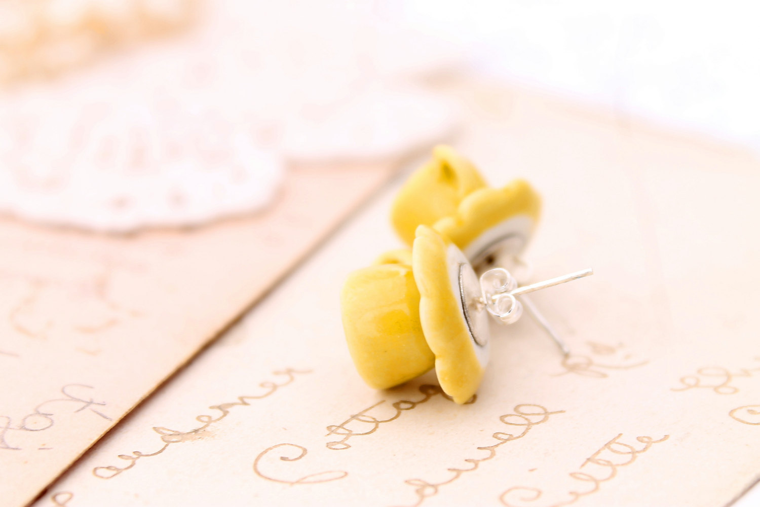 Miniature Teacup Stud Earrings, Yellow Teacup Earrings, Alice In