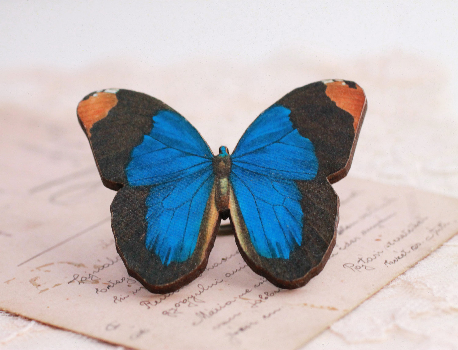 Big Blue Butterfly Ring, Wooden Butterfly Jewelry, Statement Ring